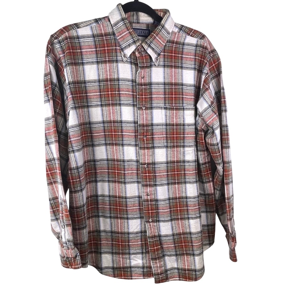 Lands‎ End Mens Classic Red Plaid Flannel Button Down Shirt L Long Sleeve Cotton